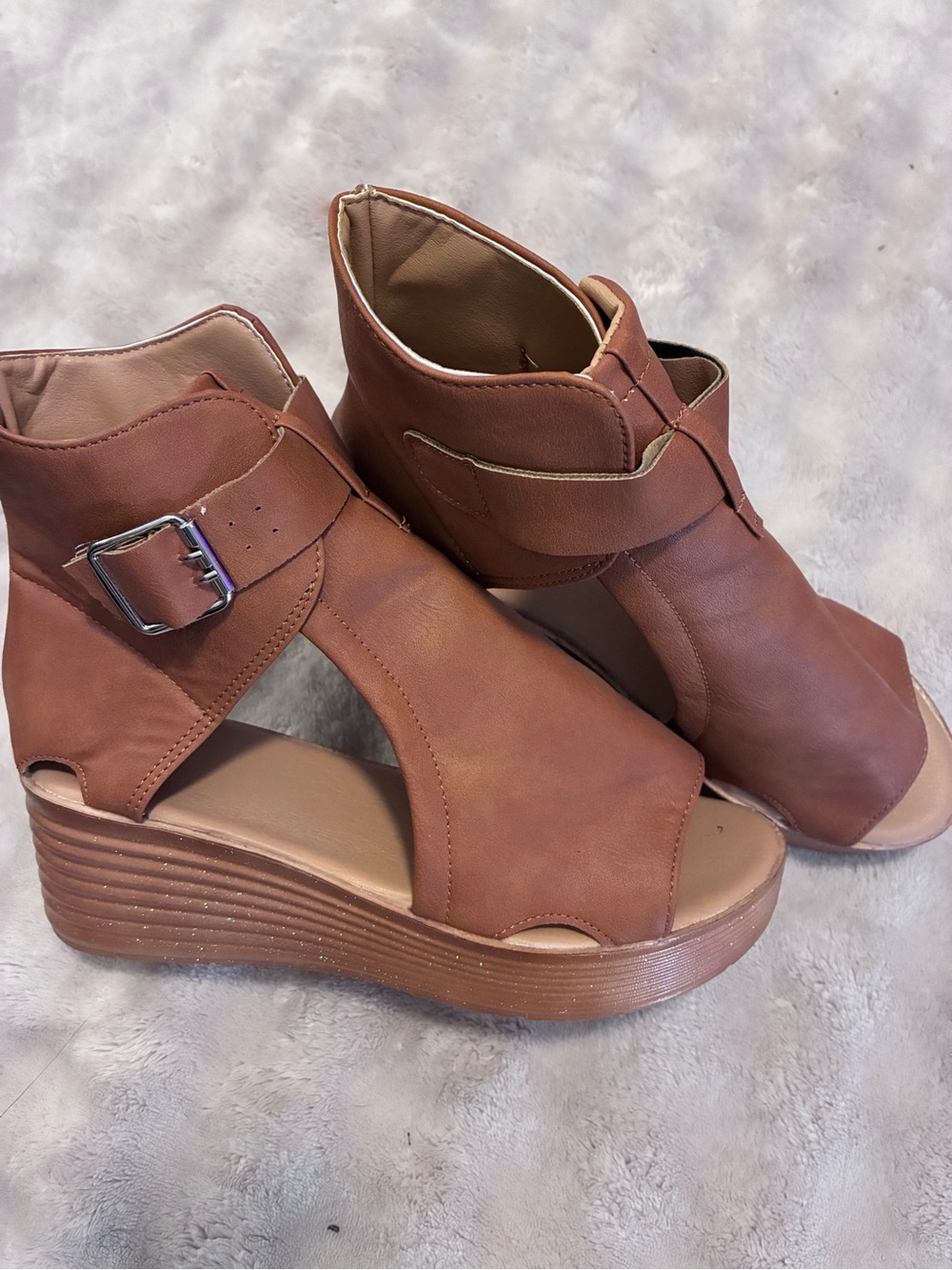 Brown Open Toe Wedge Sandals Size 9 Buckle Ankle Strap
